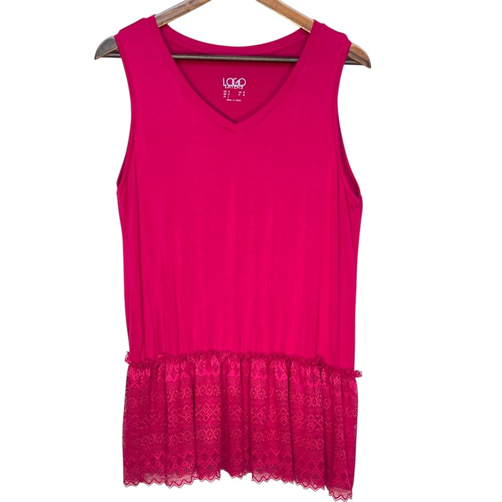 LOGO Layers Womens Tank Top Size S Pink Sleeveless Lace Trim V Neck Casual
